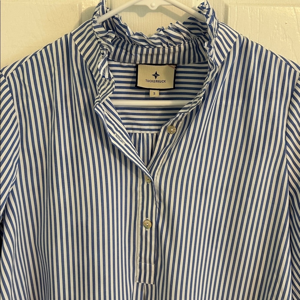 Tuckernuck Blue and White Stripe Teagan Popover Ruffle Top New Size Small - Picture 8 of 14